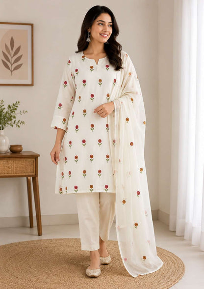 White Embroidered Cotton Blend Kurta Pant and Dupatta