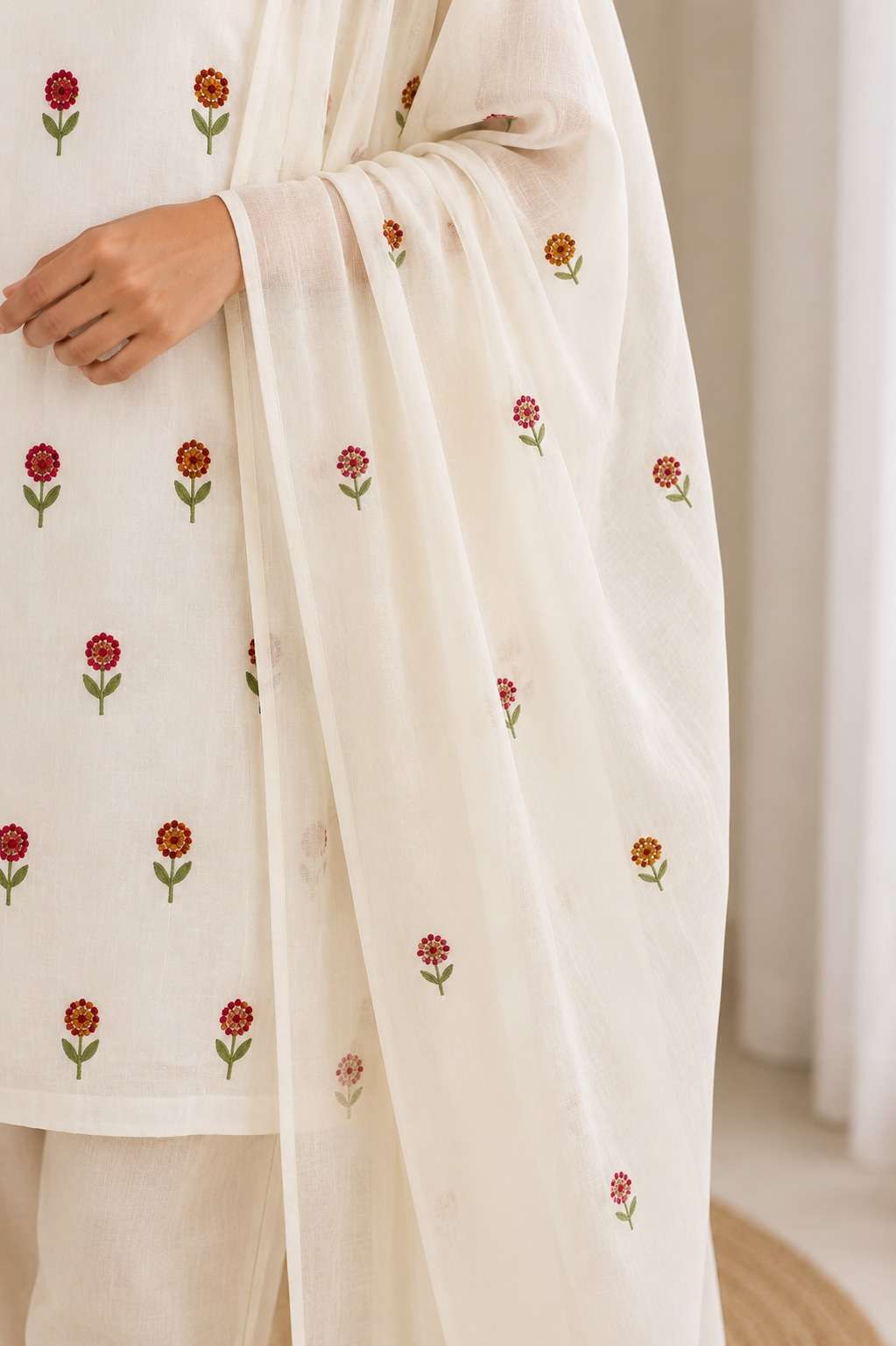 White Embroidered Cotton Blend Kurta Pant and Dupatta