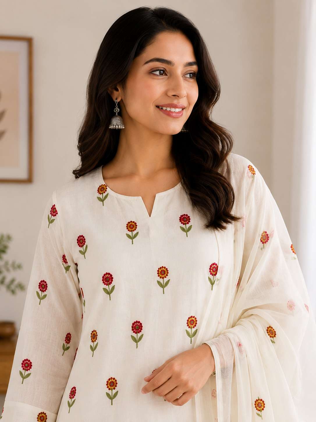 White Embroidered Cotton Blend Kurta Pant and Dupatta