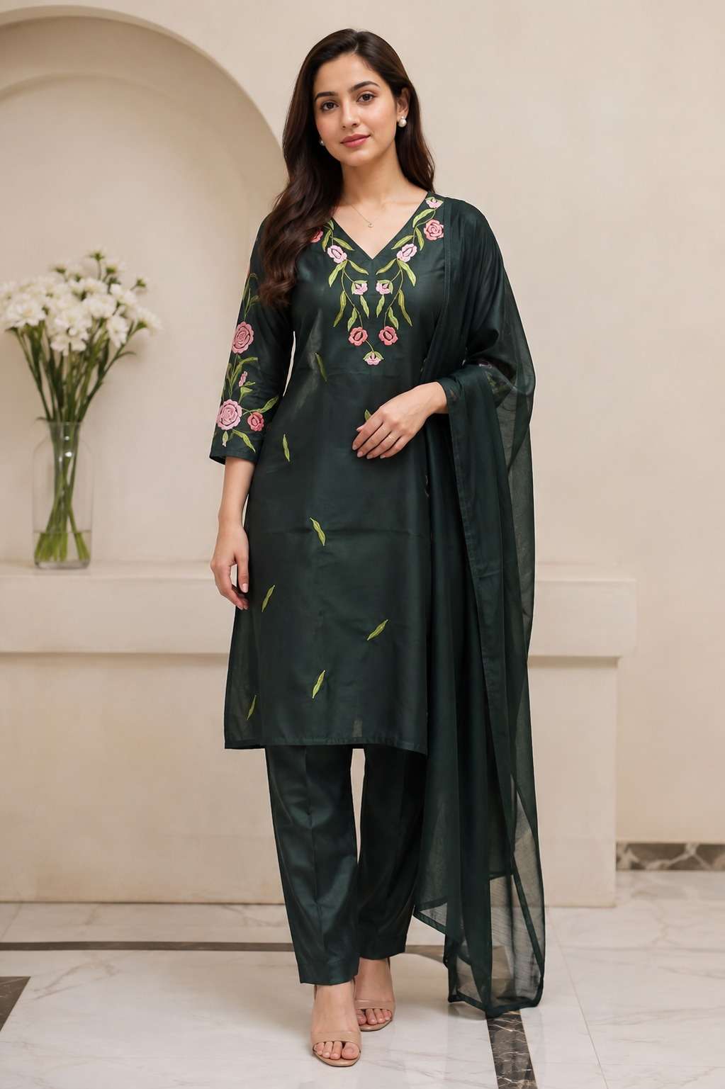 Dark Green Emroidered Rayon Kurta Pant and Dupatta