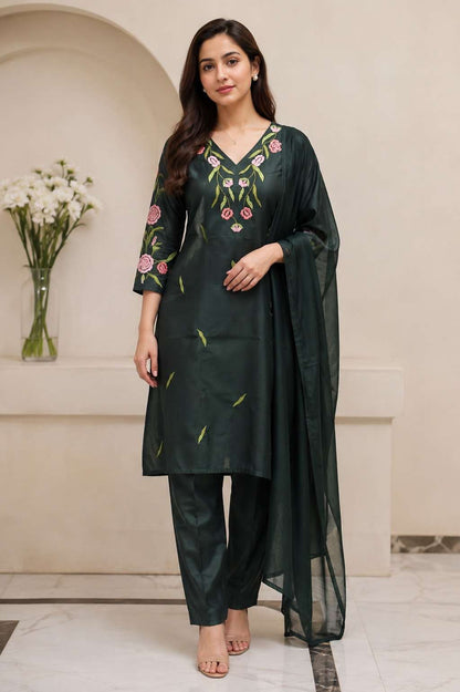 Dark Green Emroidered Rayon Kurta Pant and Dupatta