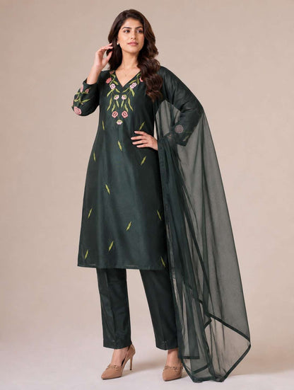 Dark Green Emroidered Rayon Kurta Pant and Dupatta