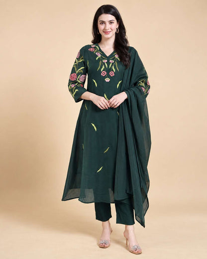 Dark Green Emroidered Rayon Kurta Pant and Dupatta