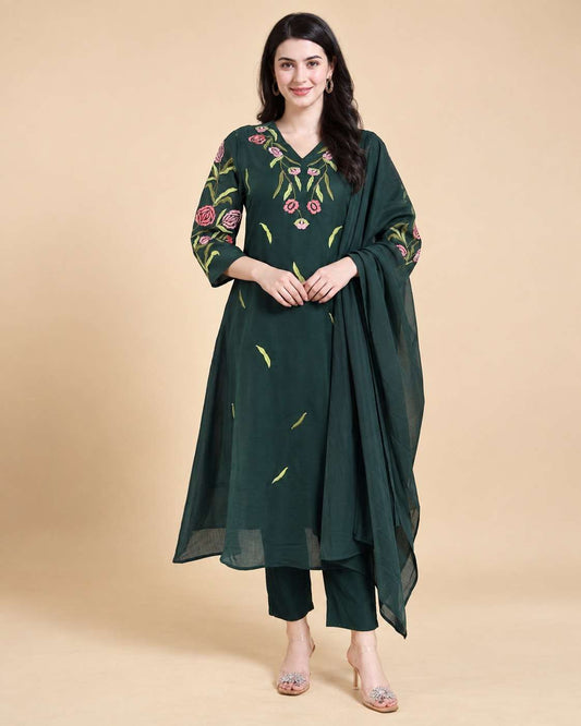 Dark Green Emroidered Rayon Kurta Pant and Dupatta