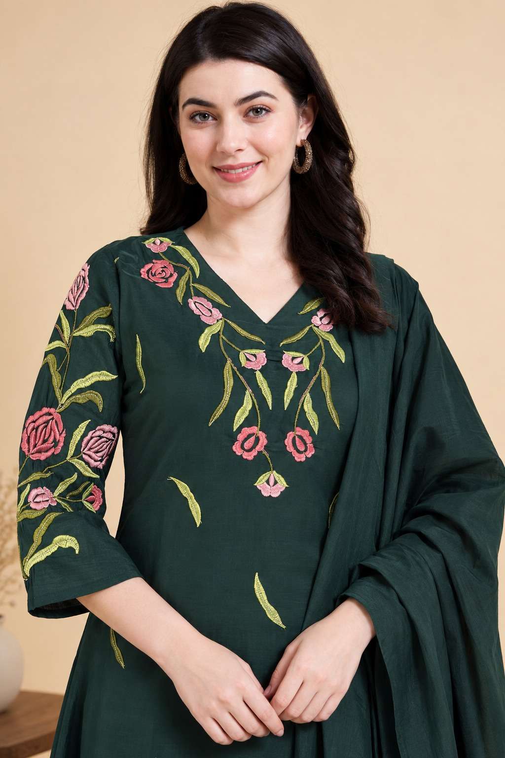 Dark Green Emroidered Rayon Kurta Pant and Dupatta