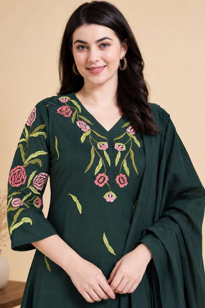 Dark Green Emroidered Rayon Kurta Pant and Dupatta