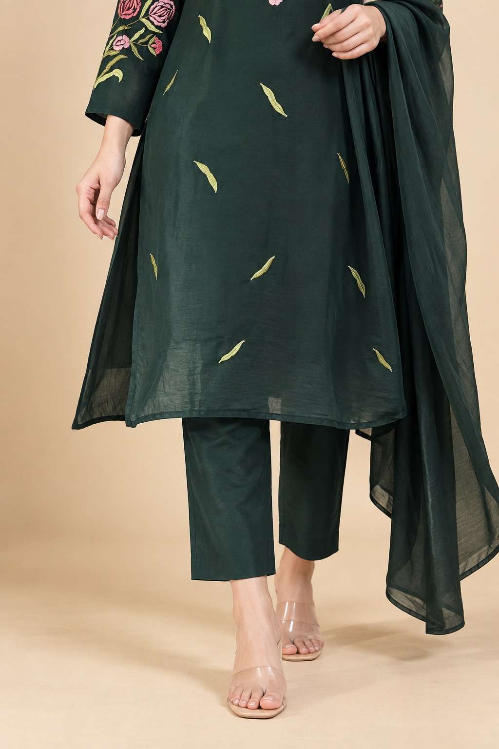 Dark Green Emroidered Rayon Kurta Pant and Dupatta