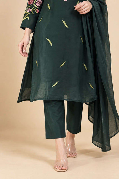 Dark Green Emroidered Rayon Kurta Pant and Dupatta