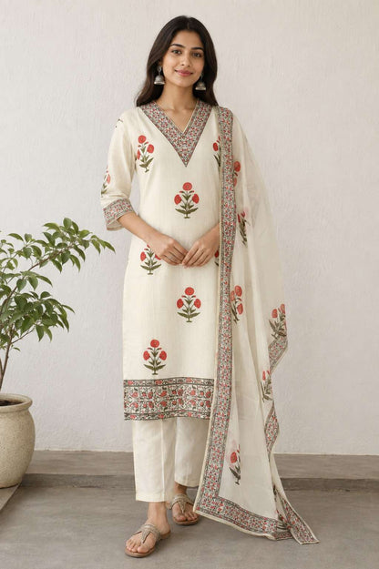 White Printed Kota Doria Cotton Kurta Pant and Dupatta
