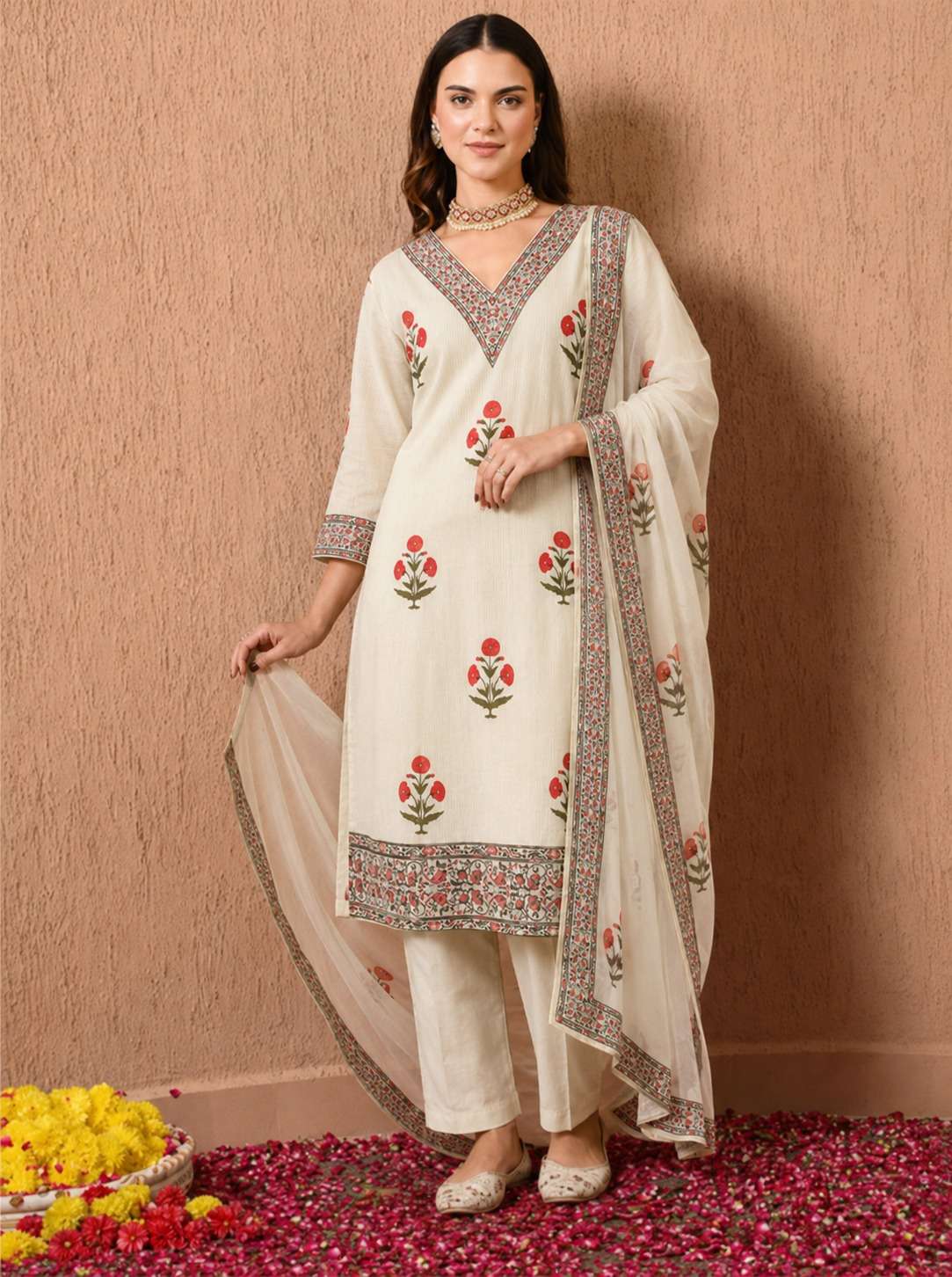 White Printed Kota Doria Cotton Kurta Pant and Dupatta