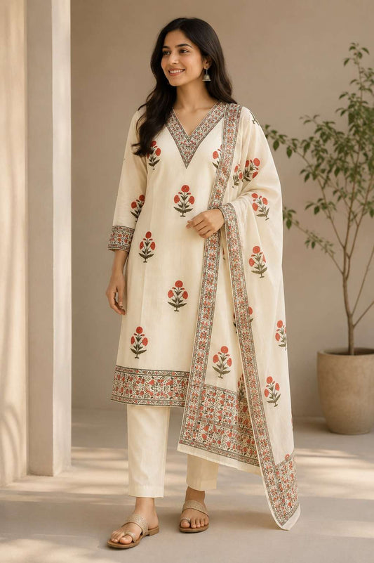 White Printed Kota Doria Cotton Kurta Pant and Dupatta