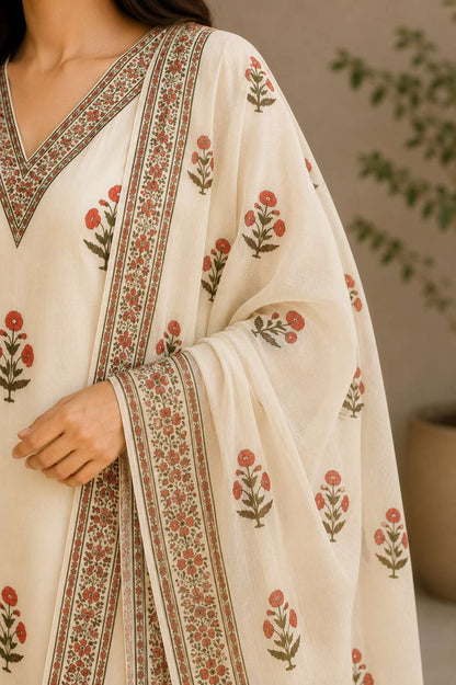 White Printed Kota Doria Cotton Kurta Pant and Dupatta