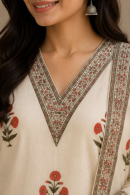 White Printed Kota Doria Cotton Kurta Pant and Dupatta