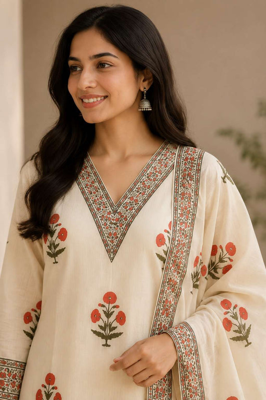 White Printed Kota Doria Cotton Kurta Pant and Dupatta