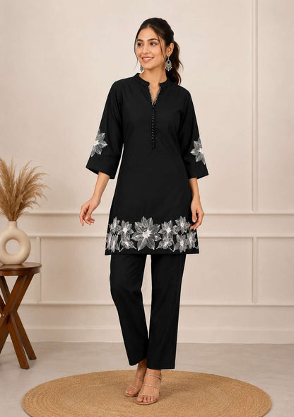 Black Floral Embroidered Cotton Blend Kurta Pant Set