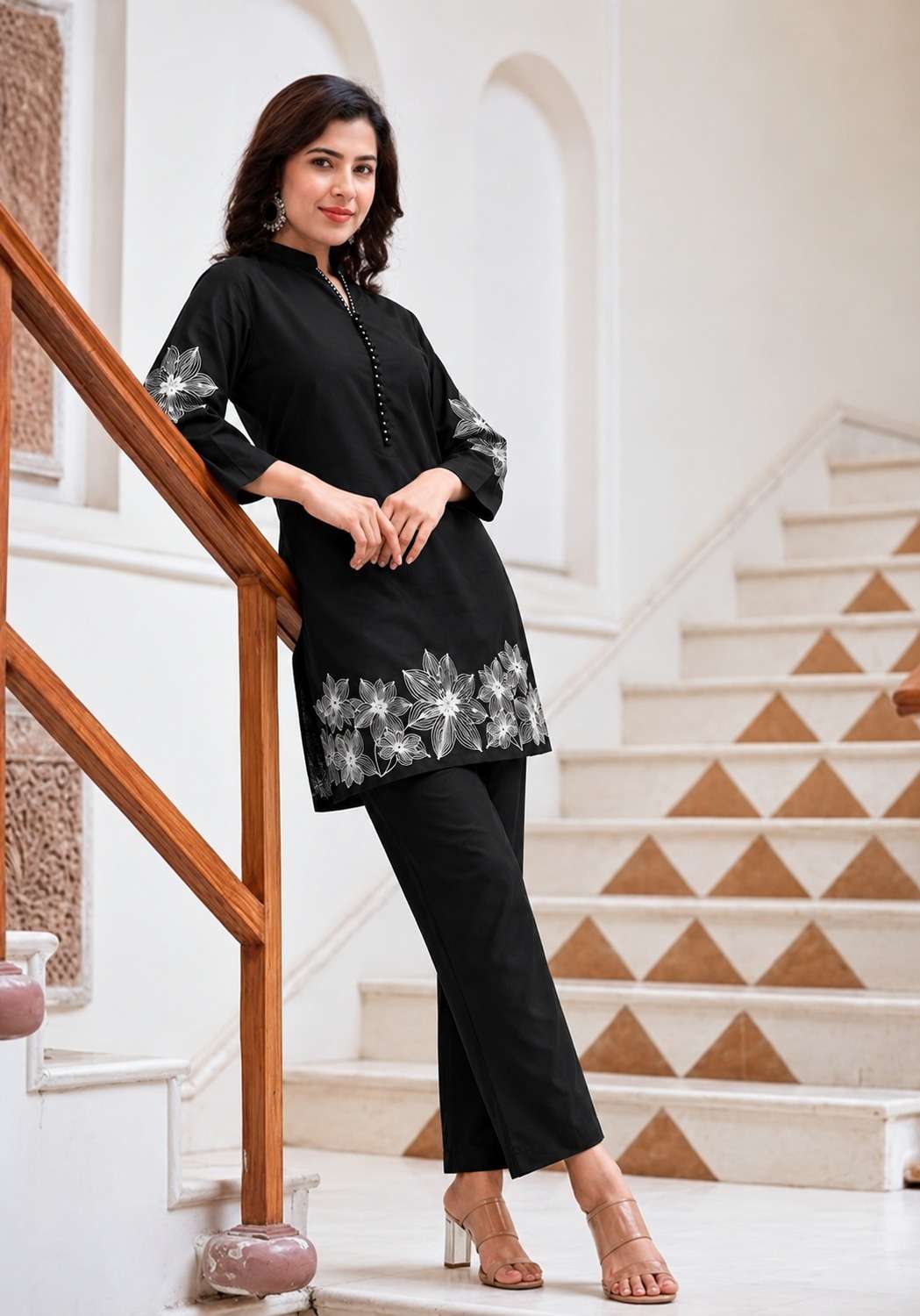 Black Floral Embroidered Cotton Blend Kurta Pant Set