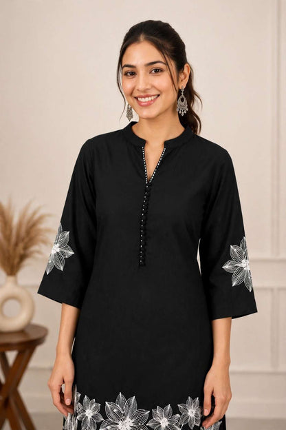 Black Floral Embroidered Cotton Blend Kurta Pant Set