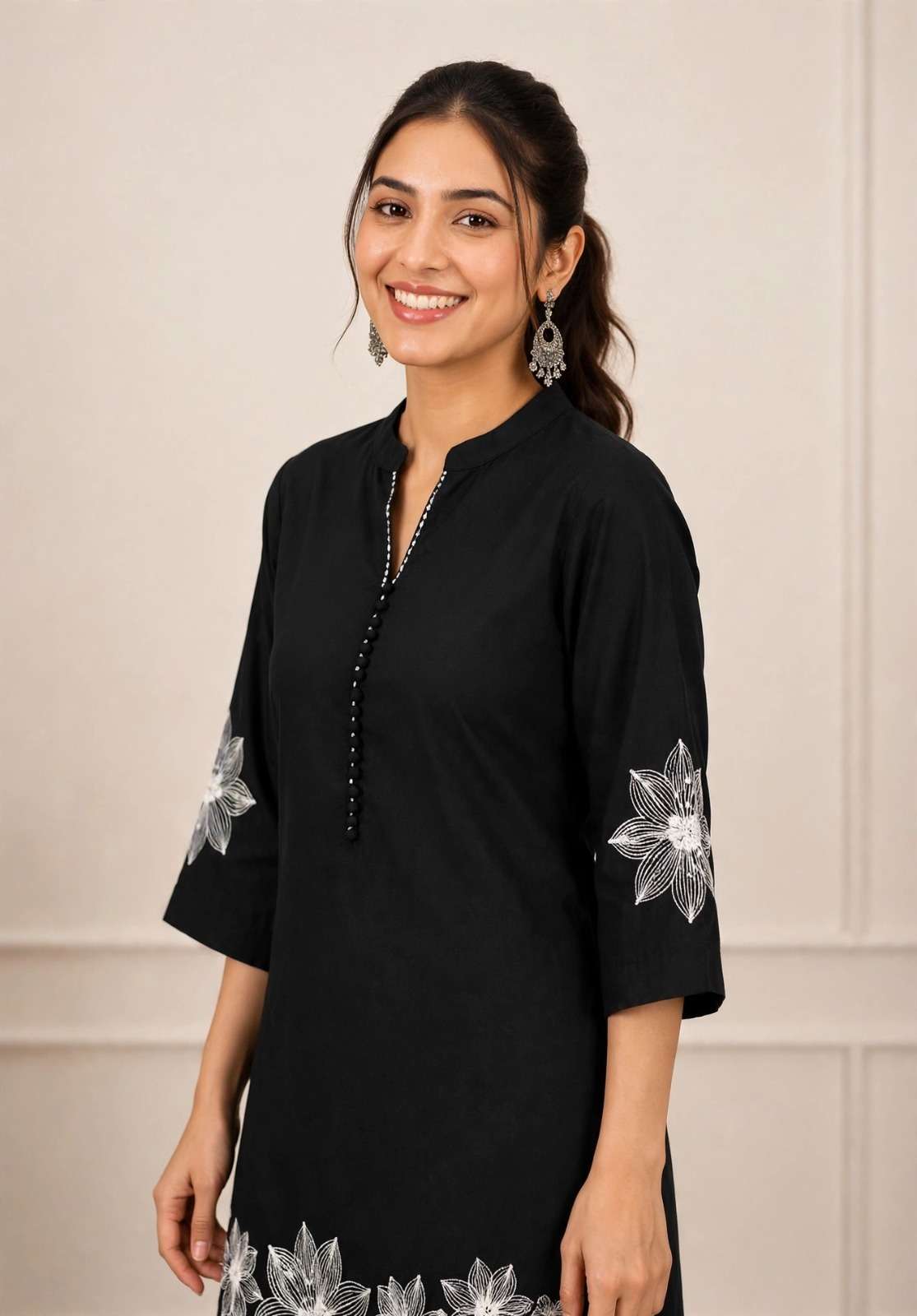 Black Floral Embroidered Cotton Blend Kurta Pant Set