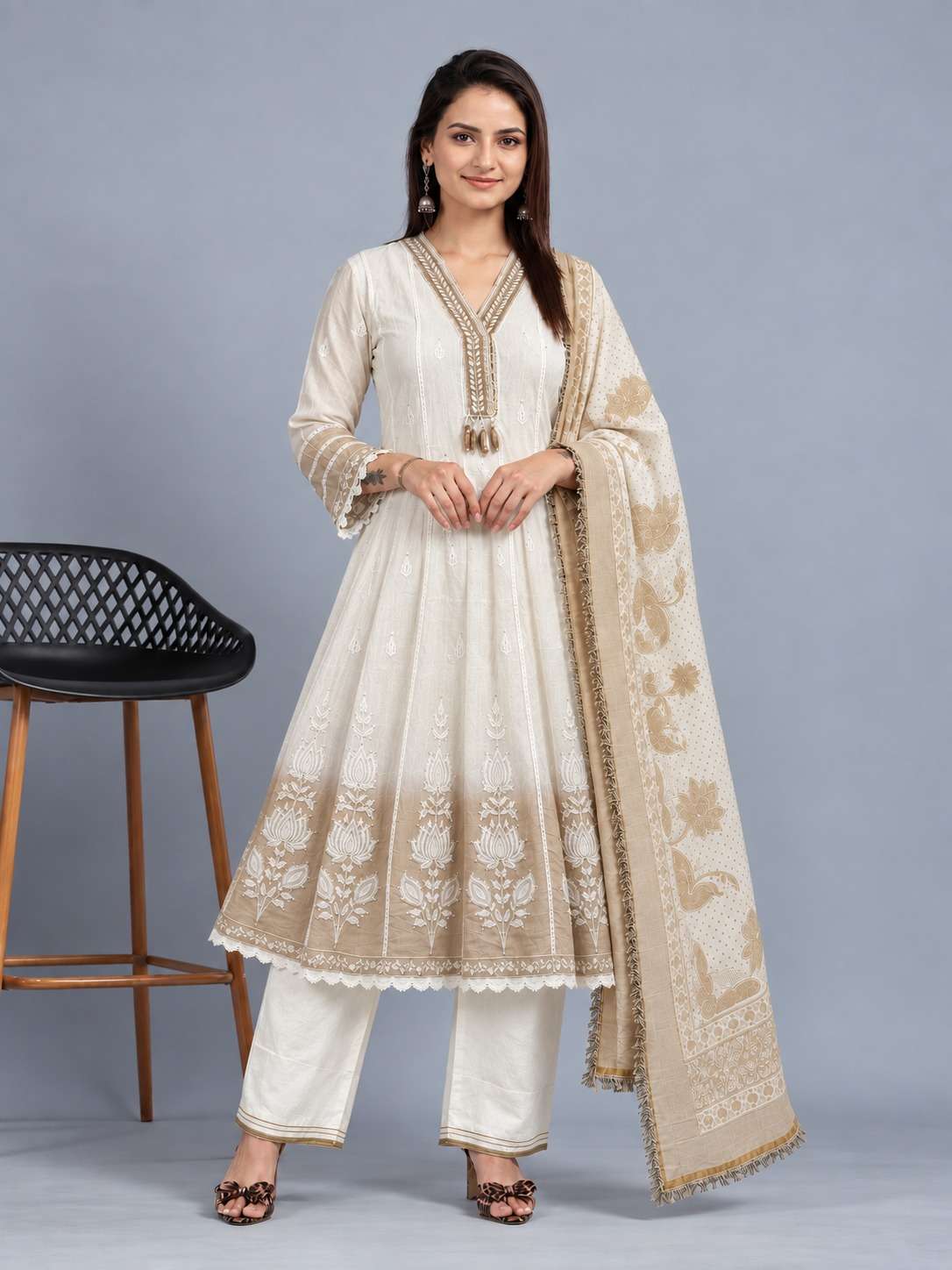 Ivory & Grey Mul Chanderi Ombre Shaded Kurta and Pant with Dupatta