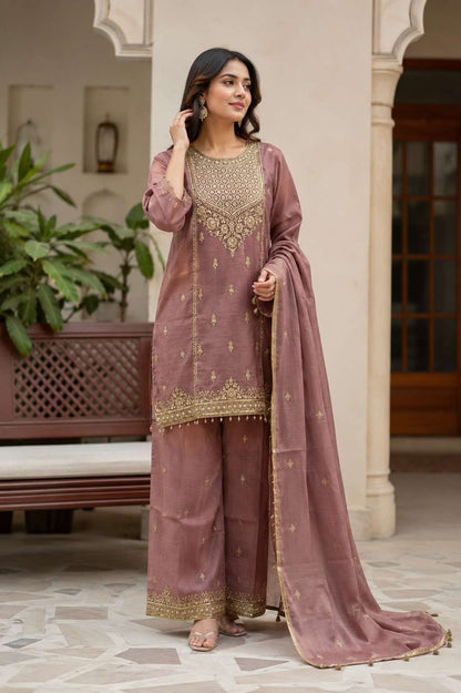 Onion Pink Embroidered Chinon Kurta Pant and Dupatta
