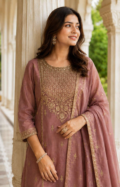 Onion Pink Embroidered Chinon Kurta Pant and Dupatta