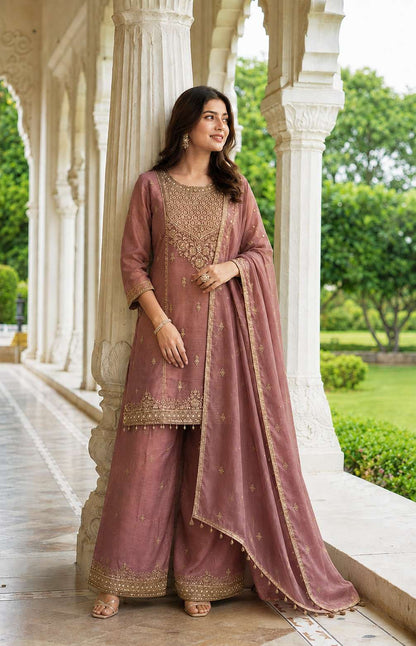 Onion Pink Embroidered Chinon Kurta Pant and Dupatta