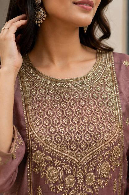 Onion Pink Embroidered Chinon Kurta Pant and Dupatta