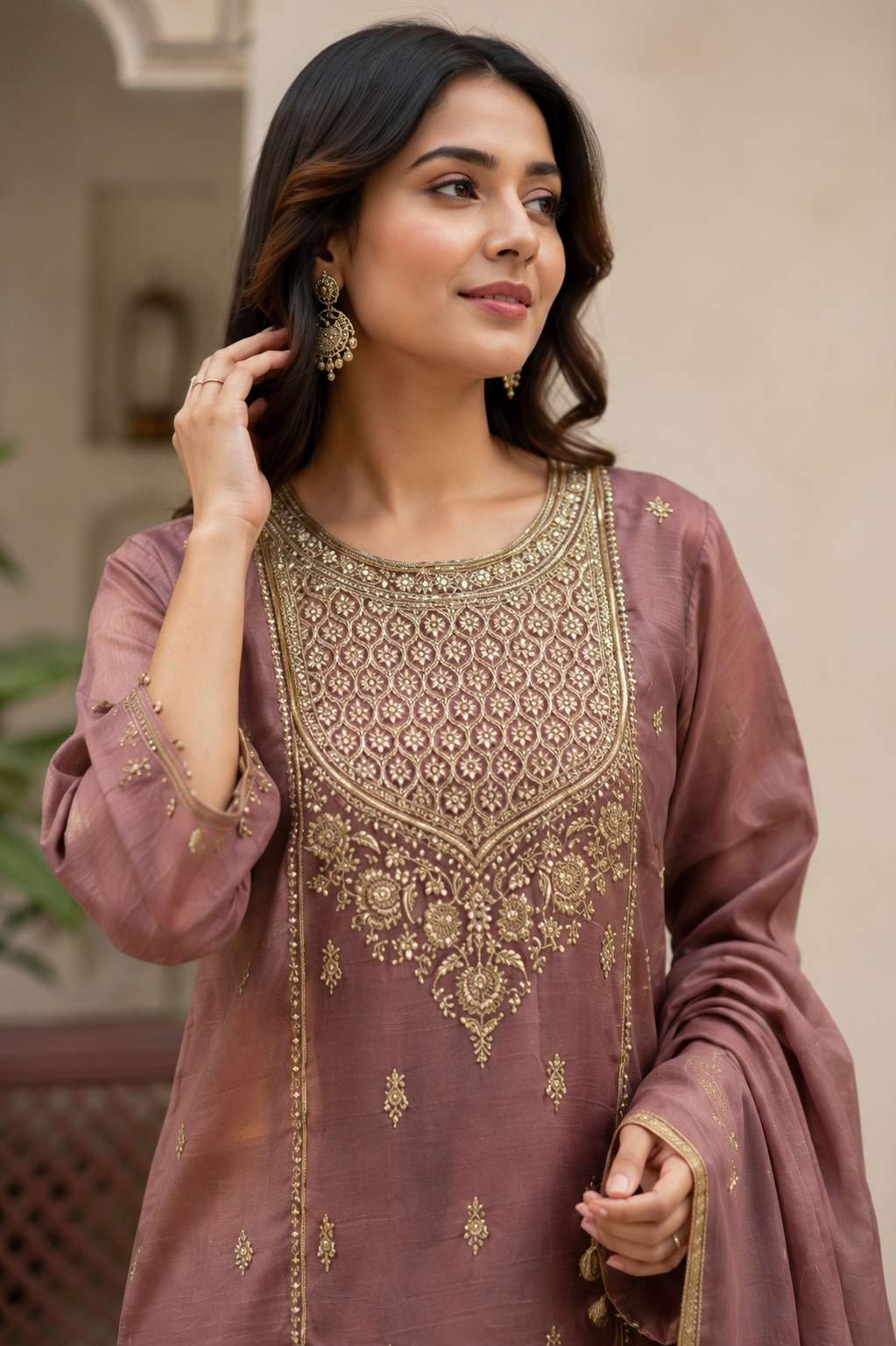 Onion Pink Embroidered Chinon Kurta Pant and Dupatta