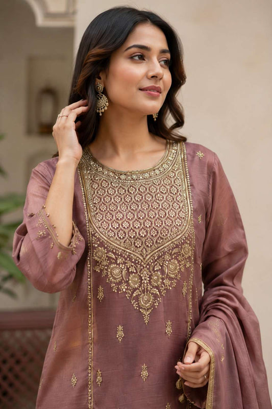 Onion Pink Embroidered Chinon Kurta Pant and Dupatta