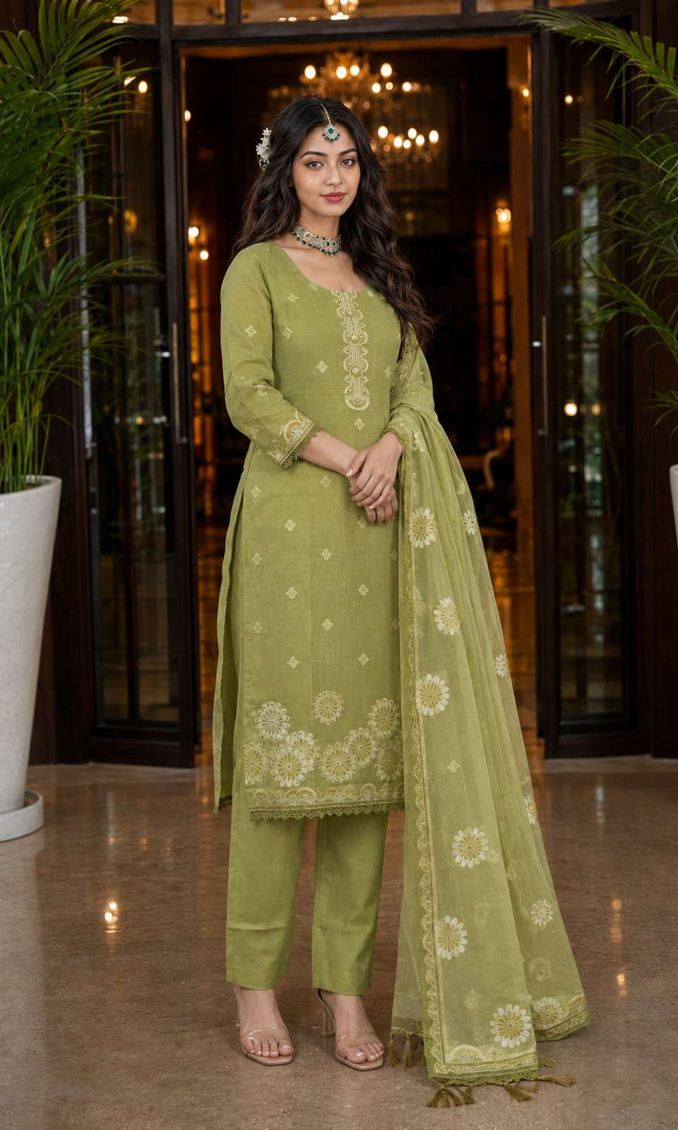 Green Jamdani Cotton Kurta Pant and Dupatta