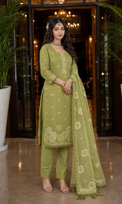 Green Jamdani Cotton Kurta Pant and Dupatta