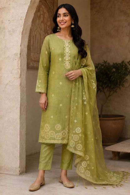 Green Jamdani Cotton Kurta Pant and Dupatta