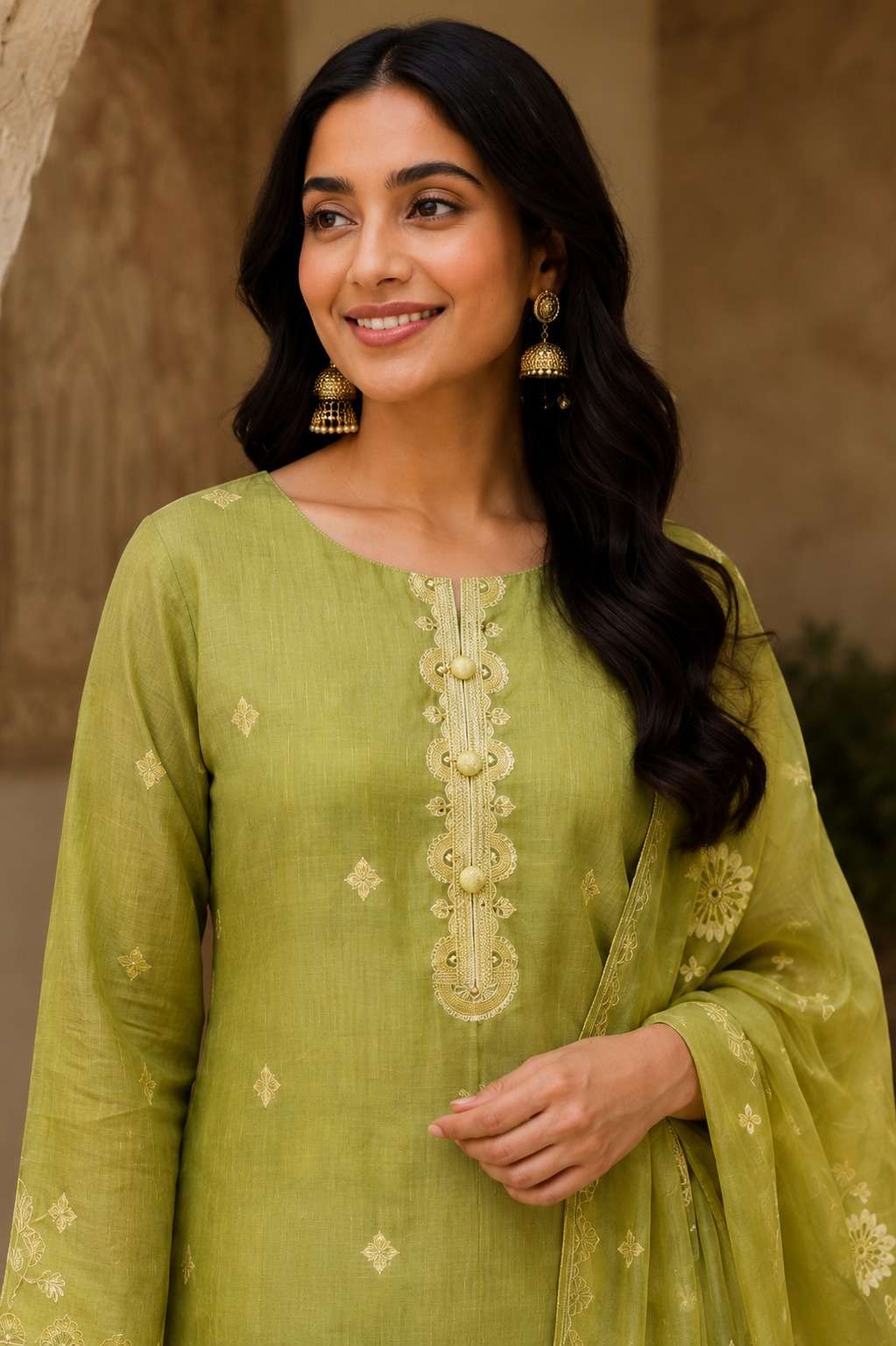 Green Jamdani Cotton Kurta Pant and Dupatta