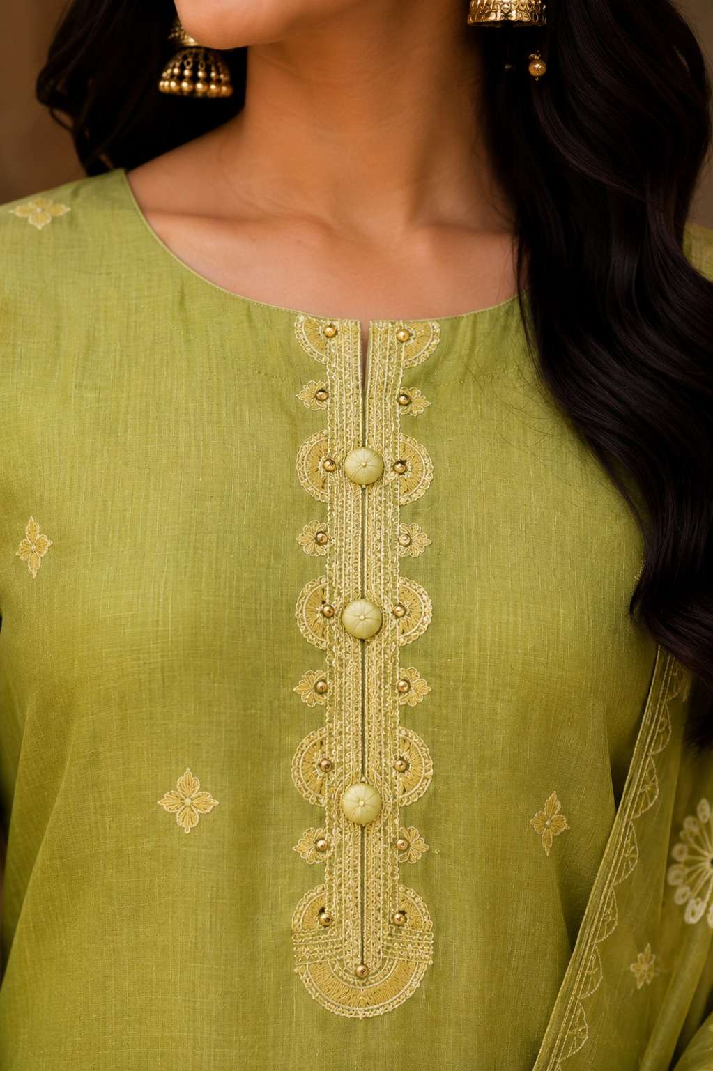 Green Jamdani Cotton Kurta Pant and Dupatta