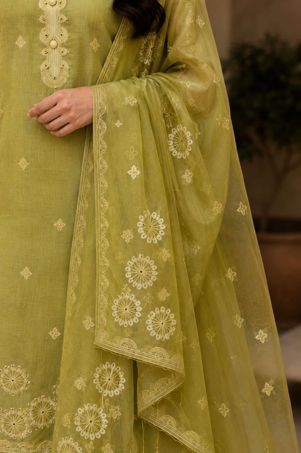 Green Jamdani Cotton Kurta Pant and Dupatta