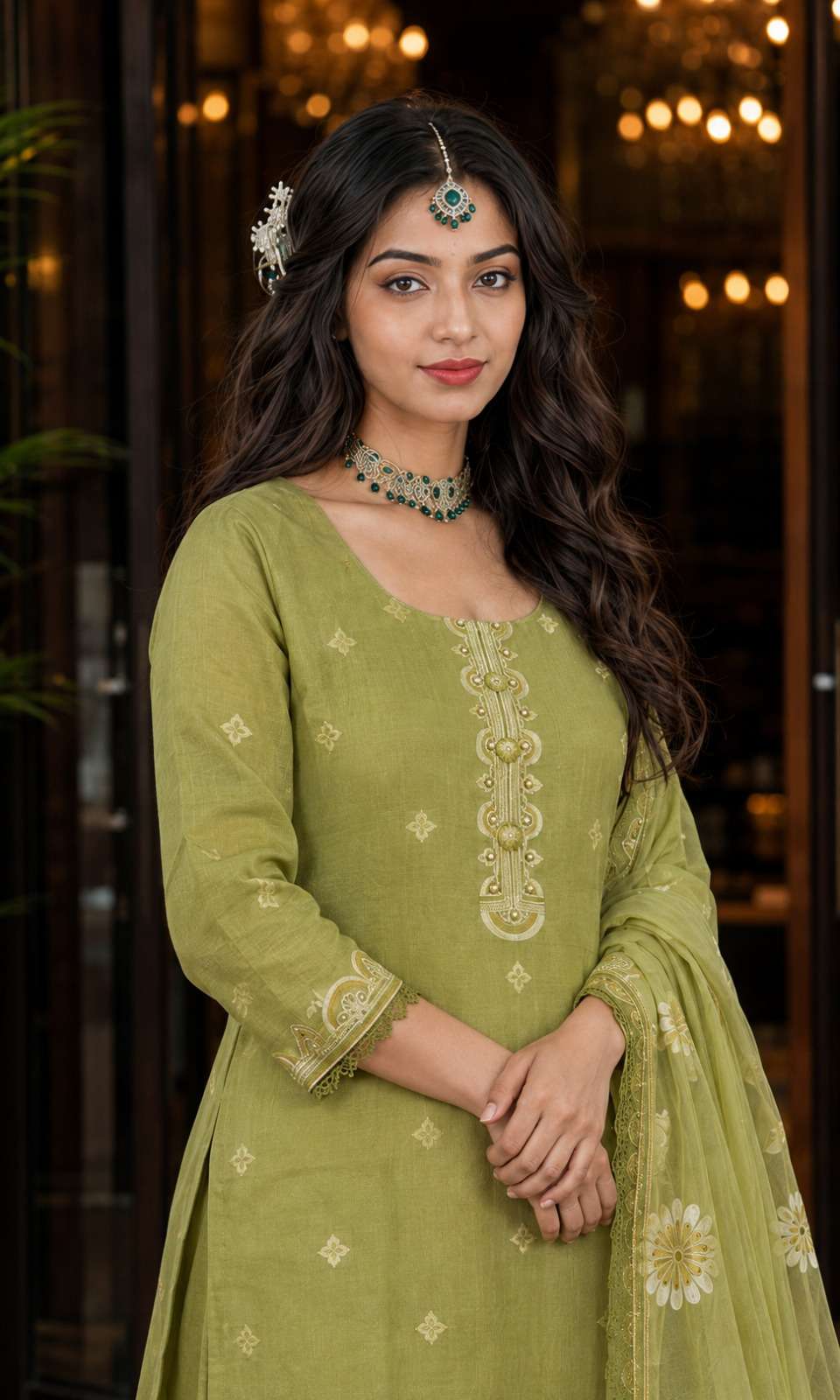 Green Jamdani Cotton Kurta Pant and Dupatta