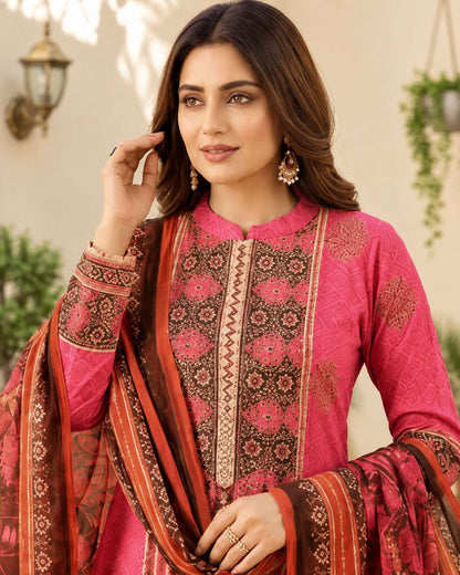 Vibrant Pink Cotton Floral Printed Suit Set Paired With Bagru Printed Lightweight Dupatta