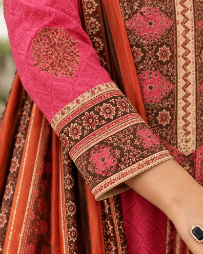 Vibrant Pink Cotton Floral Printed Suit Set Paired With Bagru Printed Lightweight Dupatta