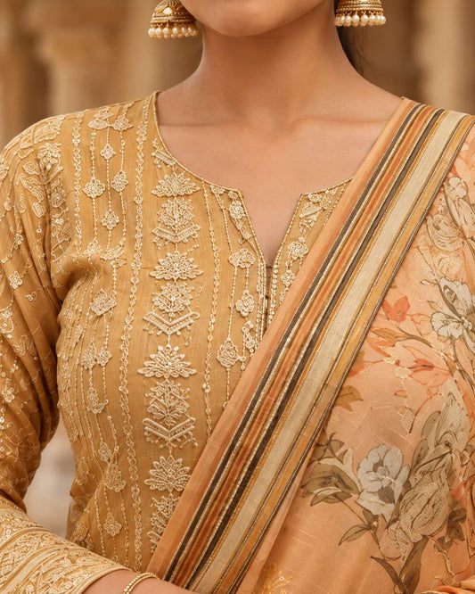 Unstitched Peach Blush Georgette Suit With Intricate White Resham Embroidery And Sequin Highlights