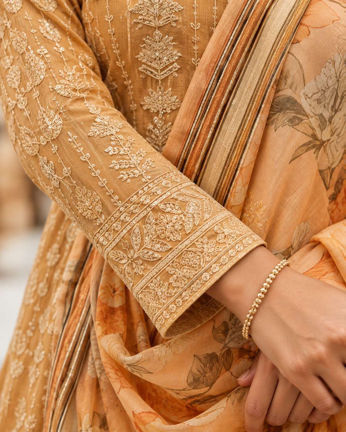Unstitched Peach Blush Georgette Suit With Intricate White Resham Embroidery And Sequin Highlights