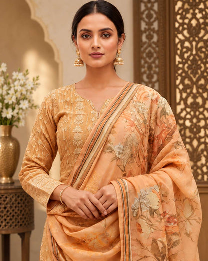 Unstitched Peach Blush Georgette Suit With Intricate White Resham Embroidery And Sequin Highlights