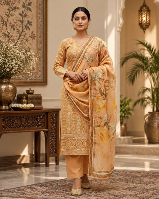 Unstitched Peach Blush Georgette Suit With Intricate White Resham Embroidery And Sequin Highlights