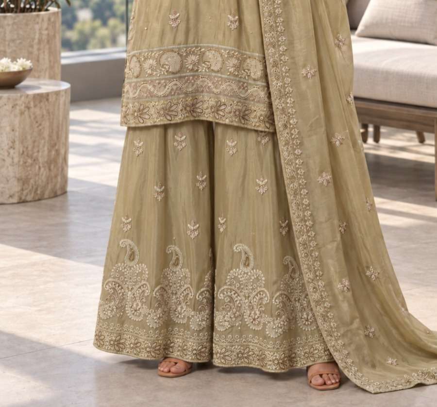 Golden Beige Embroidered Chinon Kurta Gharara and Dupatta Set