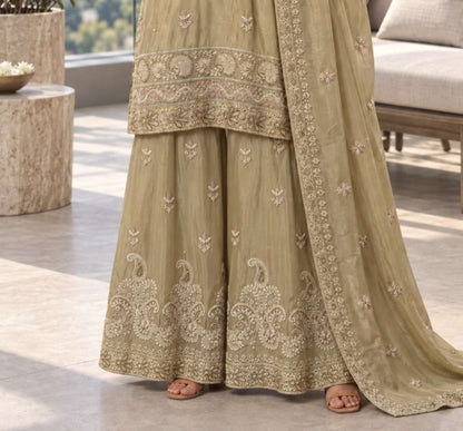Golden Beige Embroidered Chinon Kurta Gharara and Dupatta Set
