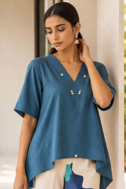 Blue Cotton Kurta with Printed Palazzo Set