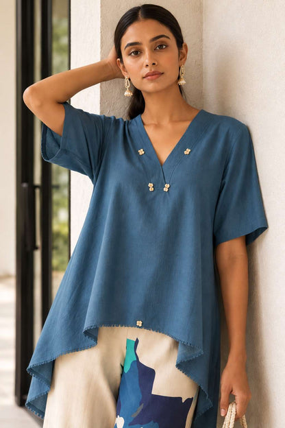 Blue Cotton Kurta with Printed Palazzo Set