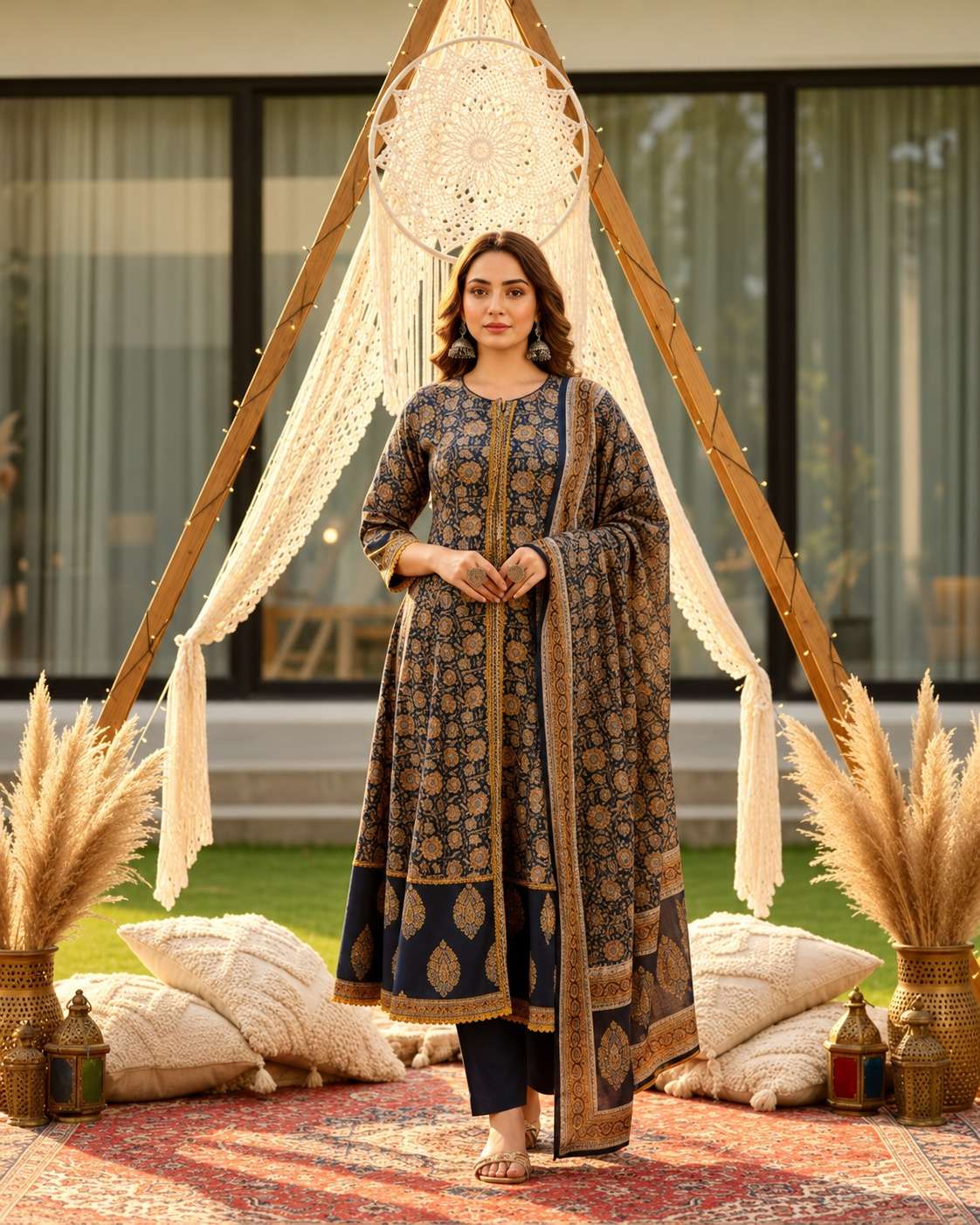 Navy and Mustard Floral Handblock Sangneri Cotton Kurta Set With Lightweight Dupatta