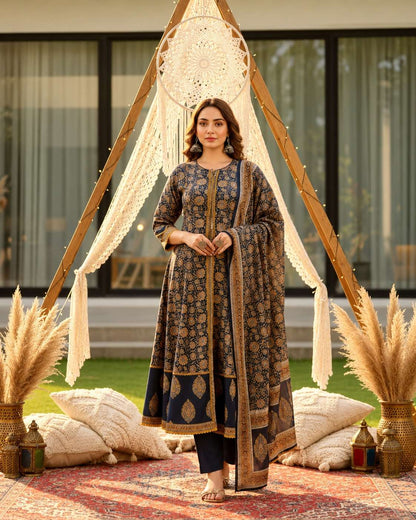 Navy and Mustard Floral Handblock Sangneri Cotton Kurta Set With Lightweight Dupatta