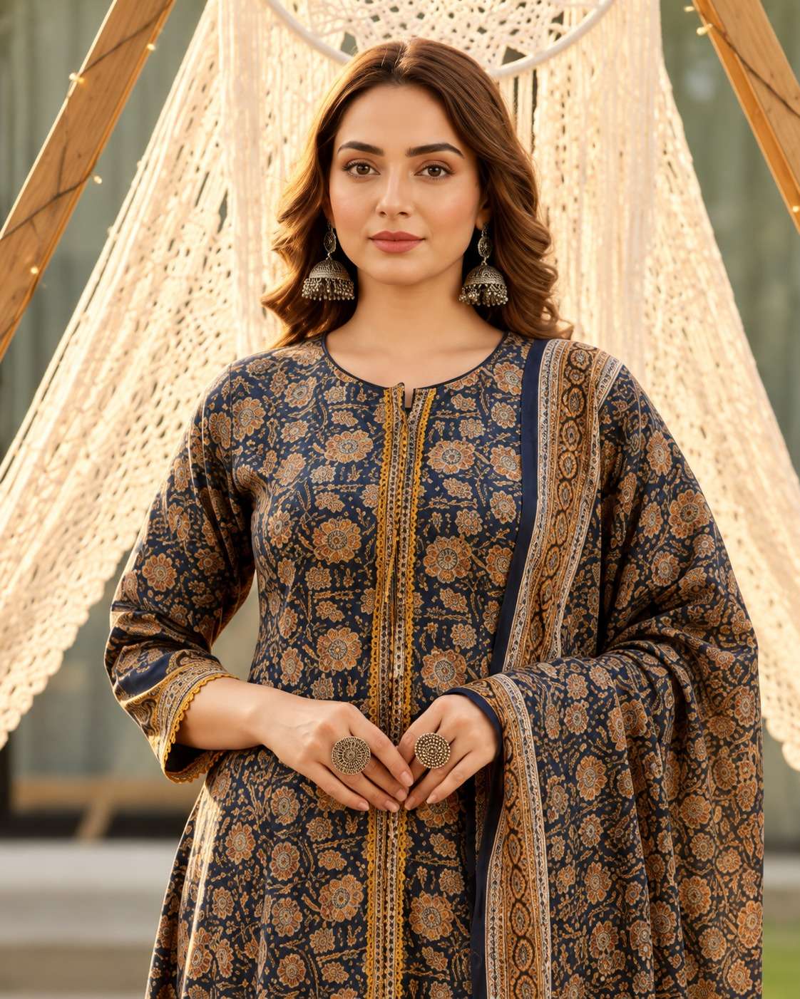 Navy and Mustard Floral Handblock Sangneri Cotton Kurta Set With Lightweight Dupatta