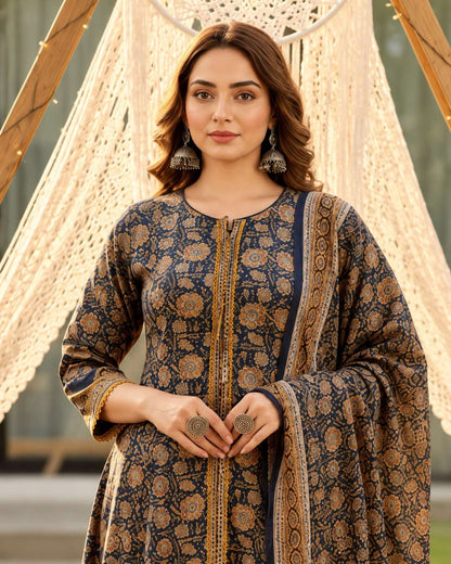 Navy and Mustard Floral Handblock Sangneri Cotton Kurta Set With Lightweight Dupatta